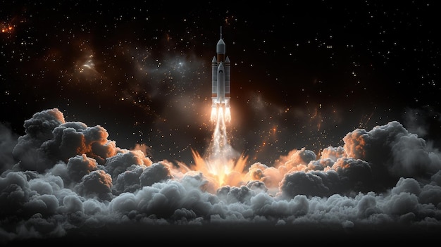 Rocket launch from earth with clouds of smoke Low poly style design Abstract geometric background Wireframe connection structure for lights Modern 3D graphic concept Isolated modern