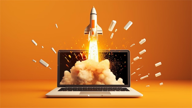 노트북 3d 그림에서 로켓 발사 우주 여행 개념
