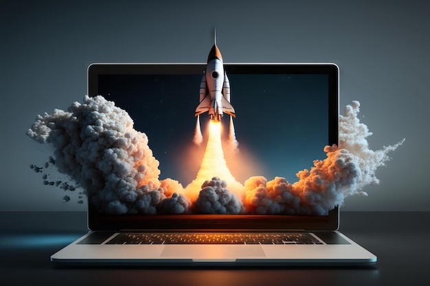 Rocket launch from a laptop screen Generative AI