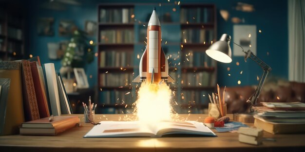 AI で作成したオープンブック教育とビジネス起業コンセプトからのロケット打ち上げ
