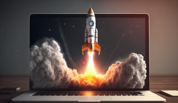 Rocket launch on laptop flying rocket icon business startup project concept Generative AI