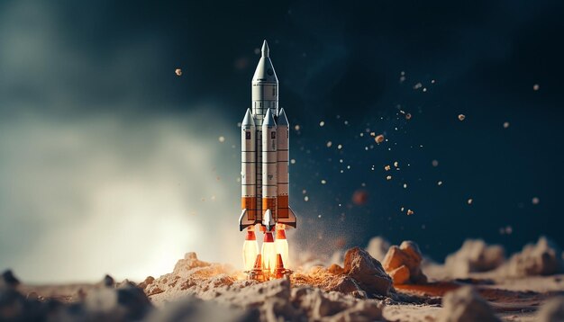 写真 宇宙から見た地球へのロケット打ち上げ