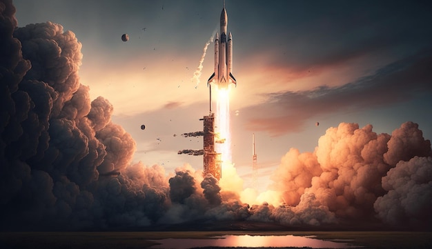 Запуск ракеты, бросающий огонь в пространство, мощное изображение, созданное искусственным интеллектом