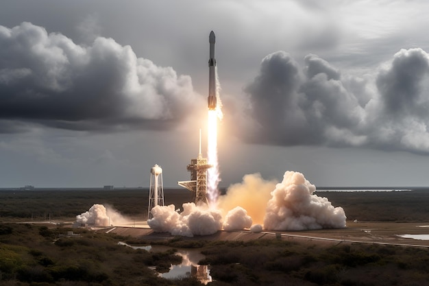 A rocket launch with a cloud in the background