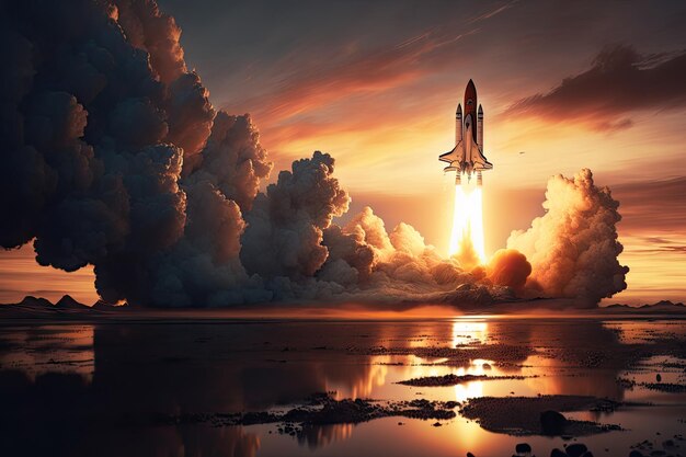 Photo rocket launch with dramatic sunrise in the background