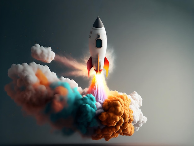 Запуск ракеты с огнем, пламенем и дымом Самолет-шаттл взлетает в глубины космоса Путешествие на космическом корабле