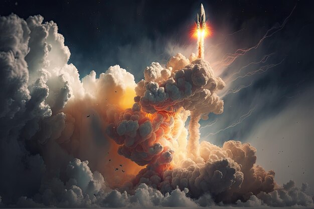 Rocket launch with satellite payload visible in the clouds of smoke and fire