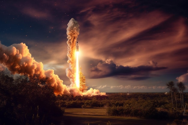 空の背景と雲を持つロケット打ち上げ