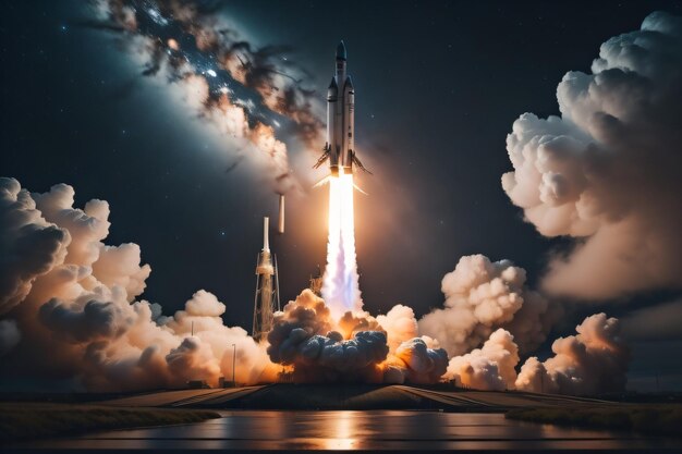 A rocket launch with a smoke cloud behind it.