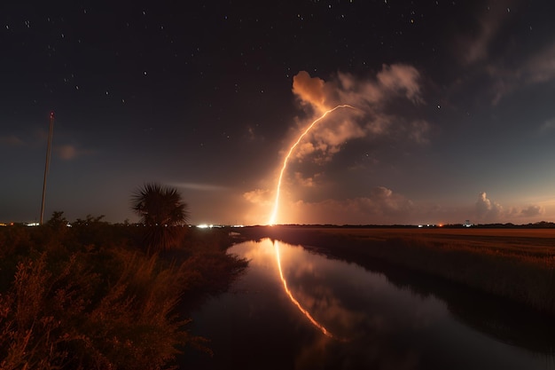 A rocket launch with a starburst in the background