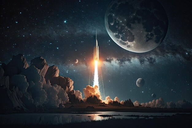 Rocket launch with view of the moon against a starry night sky