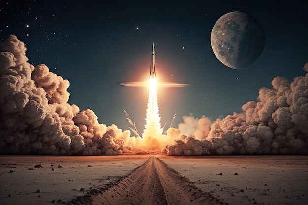 Rocket launch with view of the moon in the background created with generative ai