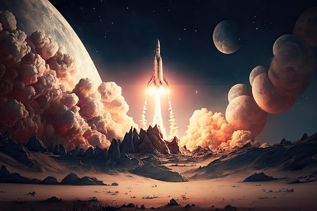 Rocket launch with view of the moon in the background created with generative ai