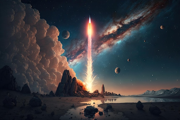 Запуск ракеты с видом на звезды и планеты в ночном небе, созданный с помощью генеративного ИИ