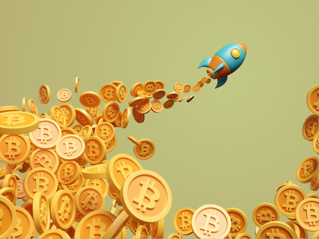 Rocket launched ship bitcoin crypto currency 3d illustration render