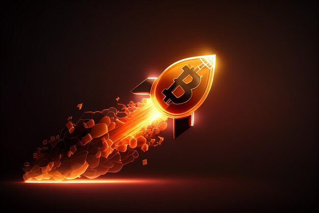 Rocket launcher in the Bitcoin logo represents cryptocurrencies price rising up going to the moon generative AI