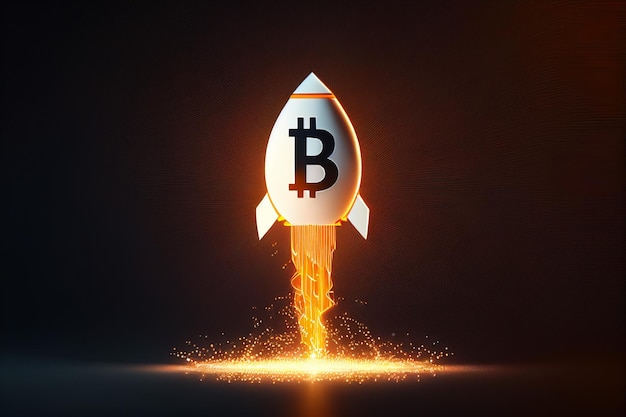 Rocket launcher in the Bitcoin logo represents cryptocurrencies price rising up going to the moon generative AI