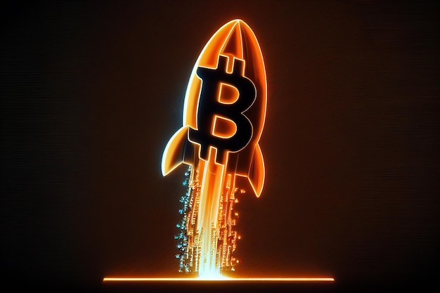 Rocket launcher in the Bitcoin logo represents cryptocurrencies price rising up going to the moon generative AI