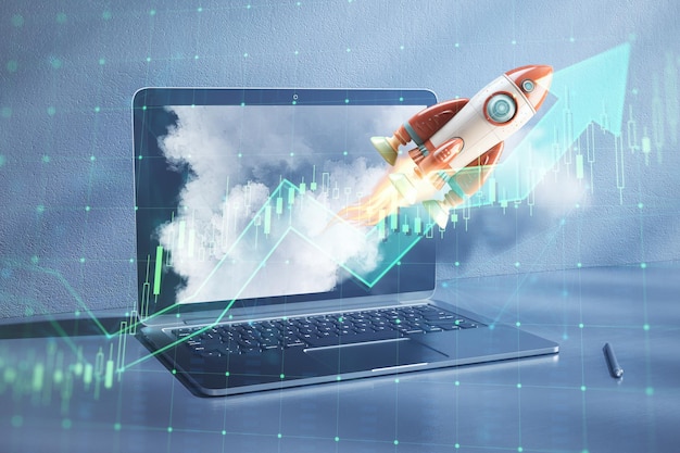 Запуск ракеты с ноутбука с трендом фондового рынка Генеративный ИИ