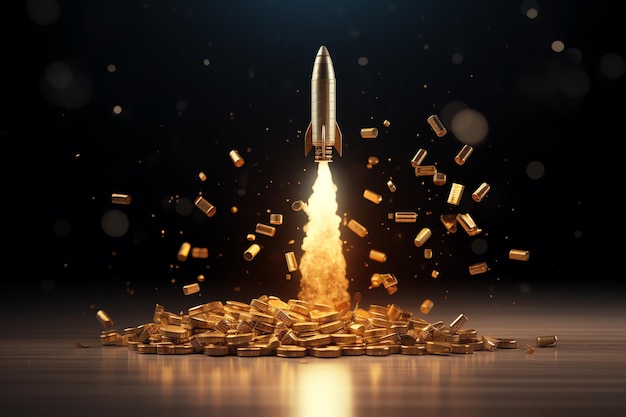 A rocket launching from a pile of coins