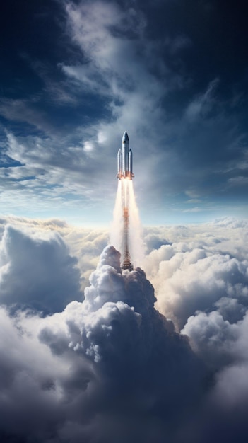 A rocket launching into the sky above clouds