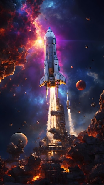 Rocket launching into space with the word space written on it dynamic lighting vibrant colors
