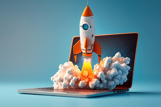 Rocket launching out from laptop on blue background Business startup concept Created Generative Ai