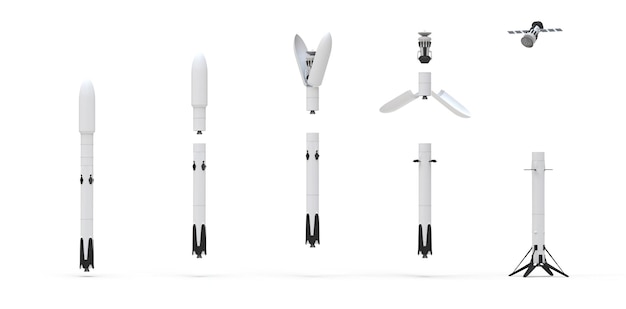 Rocket launching satellite white background 3D rendering