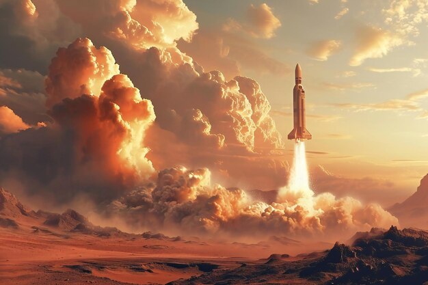 Rocket lift off from Mars into space Spaceship launch with flame