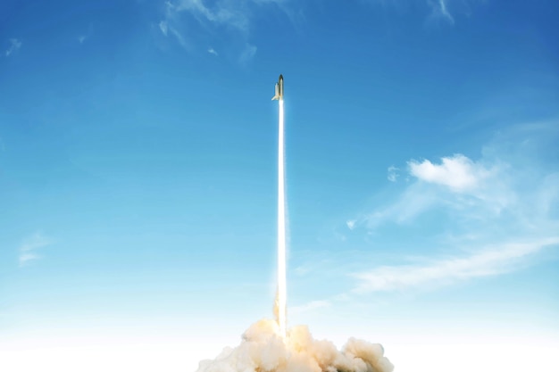 Rocket lift off and starts a space mission in the blue sky. Spaceship with blast and smoke launch into space