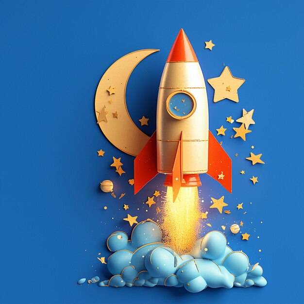 Rocket made of cardboard and paper stars flying on blue Vertical Mobile Wallpaper