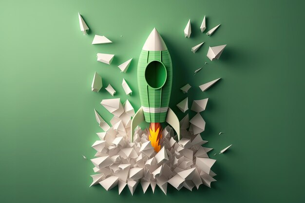 Rocket made from paper cutout startup concept green background Generative AI