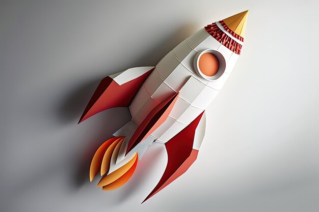 Rocket made from paper cutout startup concept white background Generative AI