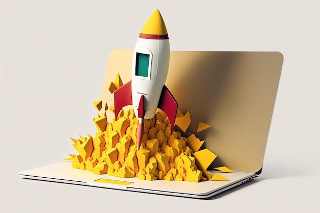 Rocket made from paper cutout with laptop white background Generative AI