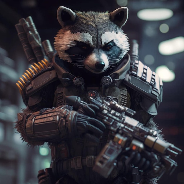 A rocket raccoon with a gun in his hands