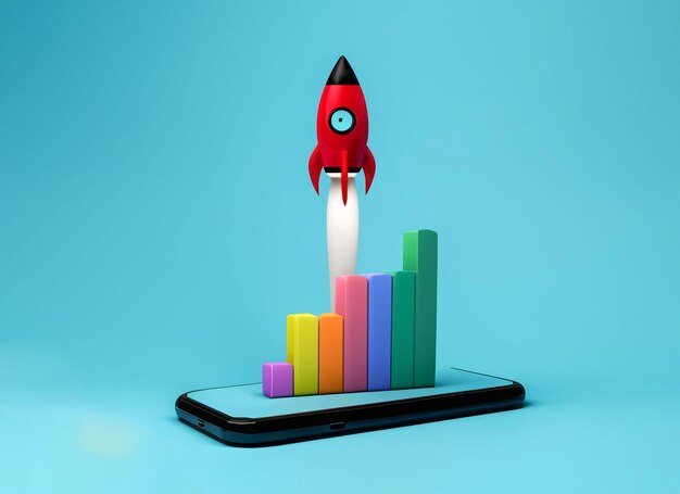 Rocket rising moving up with grow thing graph bar on mobile Marketing time Start up business Business success strategy