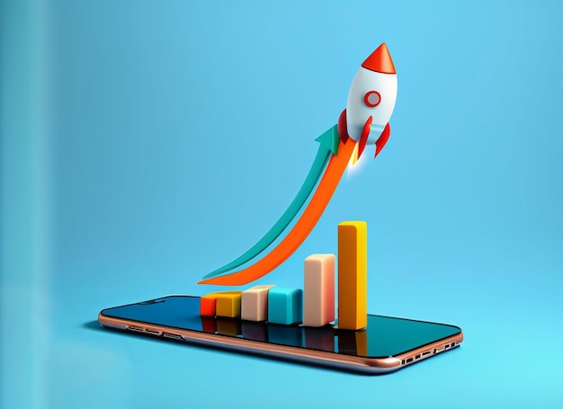 Ракета поднимается вверх вместе с графической панелью роста на мобильном устройстве. Время маркетинга. Начать бизнес. Стратегия успеха в бизнесе.