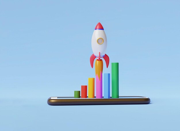 Ракета поднимается движется вверх с ростом графической панели на мобильном маркетинге время запуска бизнеса