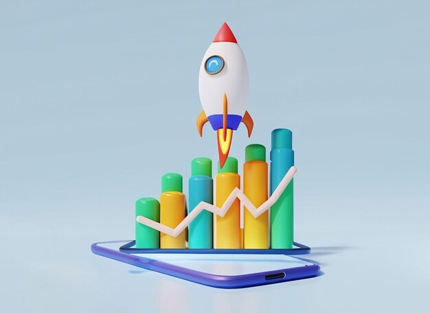 Rocket rising moving up with growthing graph bar on mobile Marketing time Start up business Business success strategy New project Rocket launch Business startup concept 3d render illustration