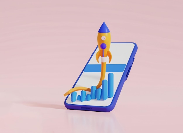 Rocket rising moving up with growthing graph bar on mobile Marketing time Start up business Business success strategy New project Rocket launch Business startup concept 3d render illustration