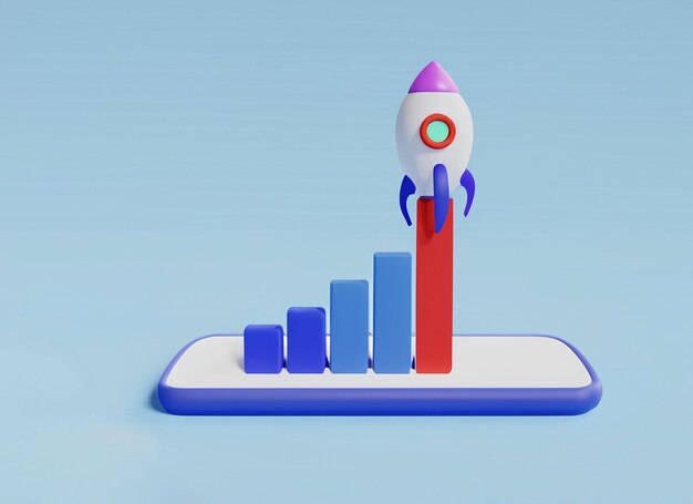 모바일에서 성장하는 그래프 막대를 사용하여 위로 올라가는 로켓 상승 마케팅 시간 비즈니스 시작 비즈니스 성공 전략 새 프로젝트 로켓 발사 비즈니스 시작 개념 3d 렌더링 그림