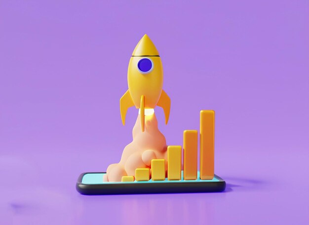 Rocket rising moving up with growthing graph bar on mobile Marketing time Start up business Business success strategy New project Rocket launch Business startup concept 3d render illustration