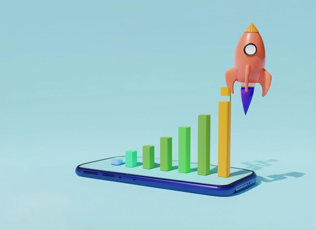 Photo rocket rising moving up with growthing graph bar on mobile marketing time start up business business success strategy new project rocket launch business startup concept 3d render illustration