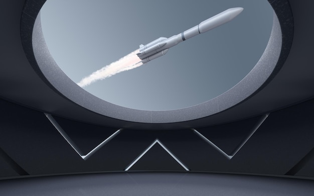 A rocket over a round room 3d rendering