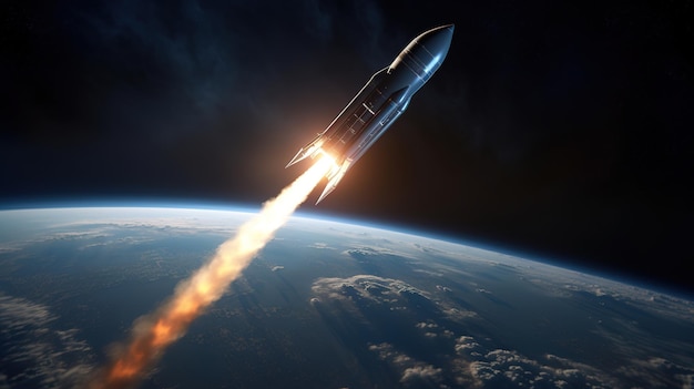 ロケット船が地球を背景に宇宙へ飛び立ちます。