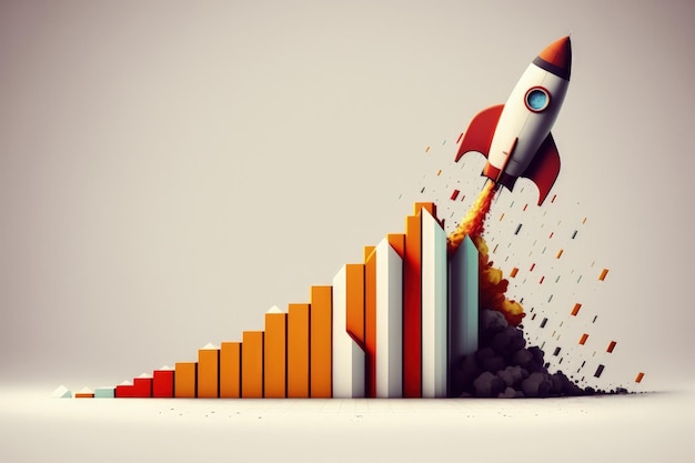 Photo rocket ship illustration with bar chart white background generative ai