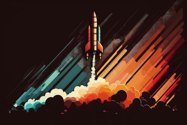 Rocket ship illustration with bar graph background Generative AI