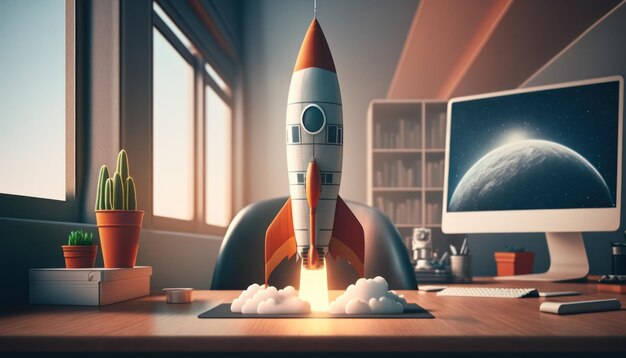 A rocket ship is flying in front of a computer screen.