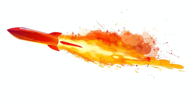 Photo rocket ship launching into space with a fiery orange and yellow exhaust the rocket is sleek and red with a white background