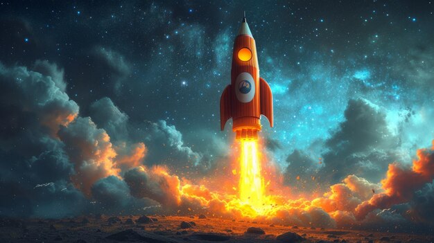 Rocket ship launching into space with stars and clouds in the background